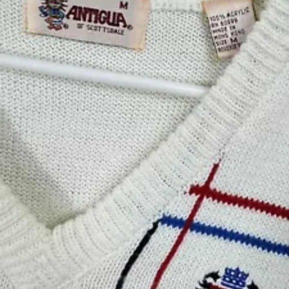 Vintage 80s 90s Antigua Size Medium V-Neck Sweater Plaid Palm Beach Crest Tennis - Picture 3 of 7